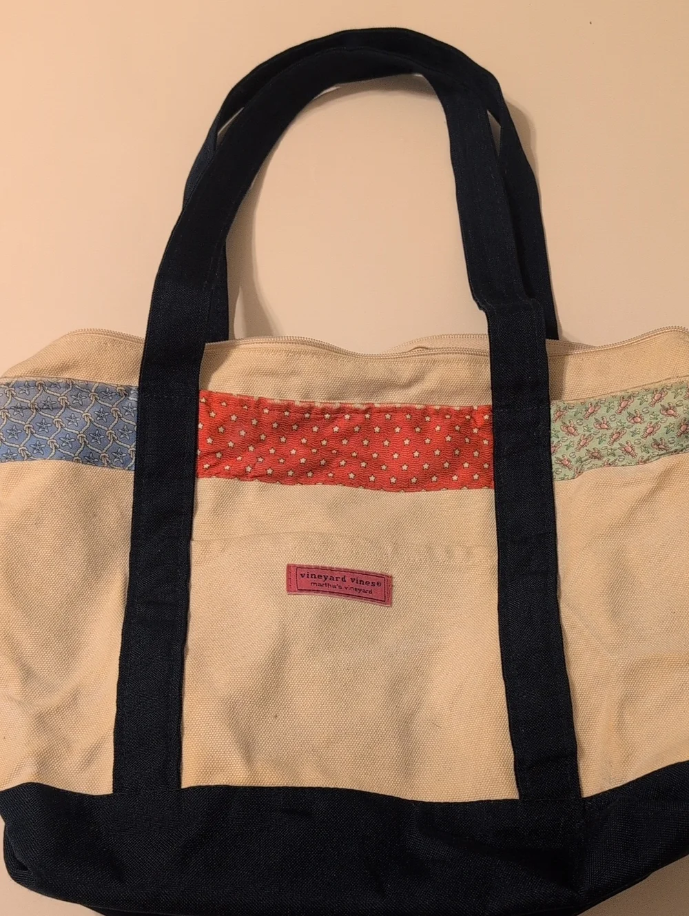 Vineyard Vines Cream Canvas Tote with Navy Straps and Multicolor Accents
